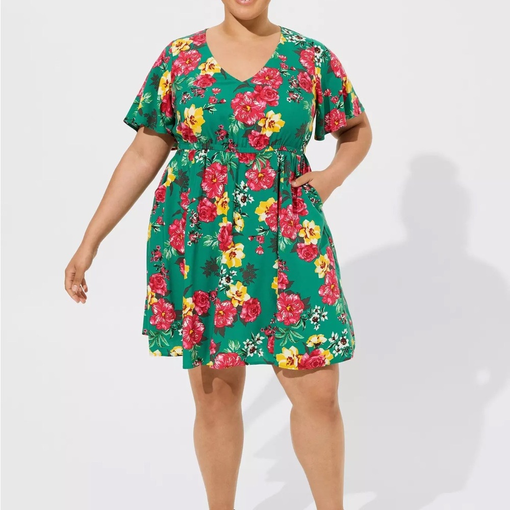 Torrid Challis V Neck Mini Dress in Green Floral